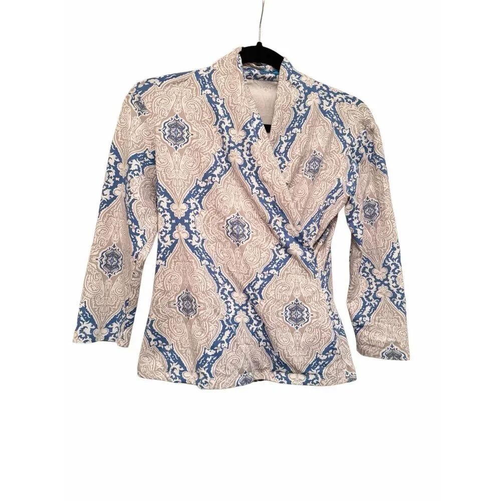 J. McLaughlin Blue and Tan 3/4 sleeve Blouse- Size S